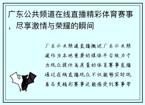 广东公共频道在线直播精彩体育赛事，尽享激情与荣耀的瞬间